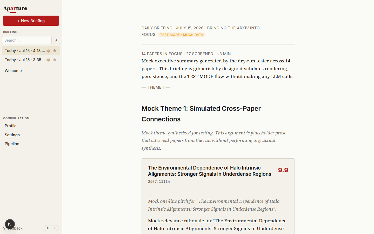 The briefing reading view: a dateline header, an executive summary in serif prose, a numbered theme heading with an italic argument, and a paper card with a relevance score badge
