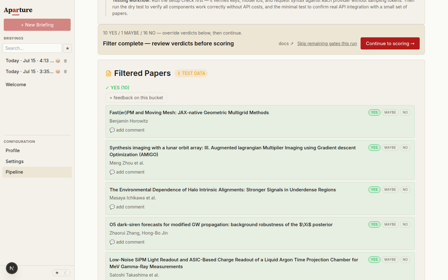 Gate 1: the filter-review banner with a Continue to scoring button and Skip remaining gates link, above the filtered papers grouped into YES, MAYBE, and NO buckets with per-paper verdict pills