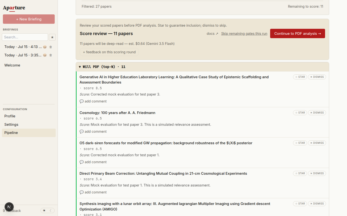 The score-review gate: a banner with the deep-read count and cost estimate above the Will PDF group, where each paper row carries STAR and DISMISS buttons