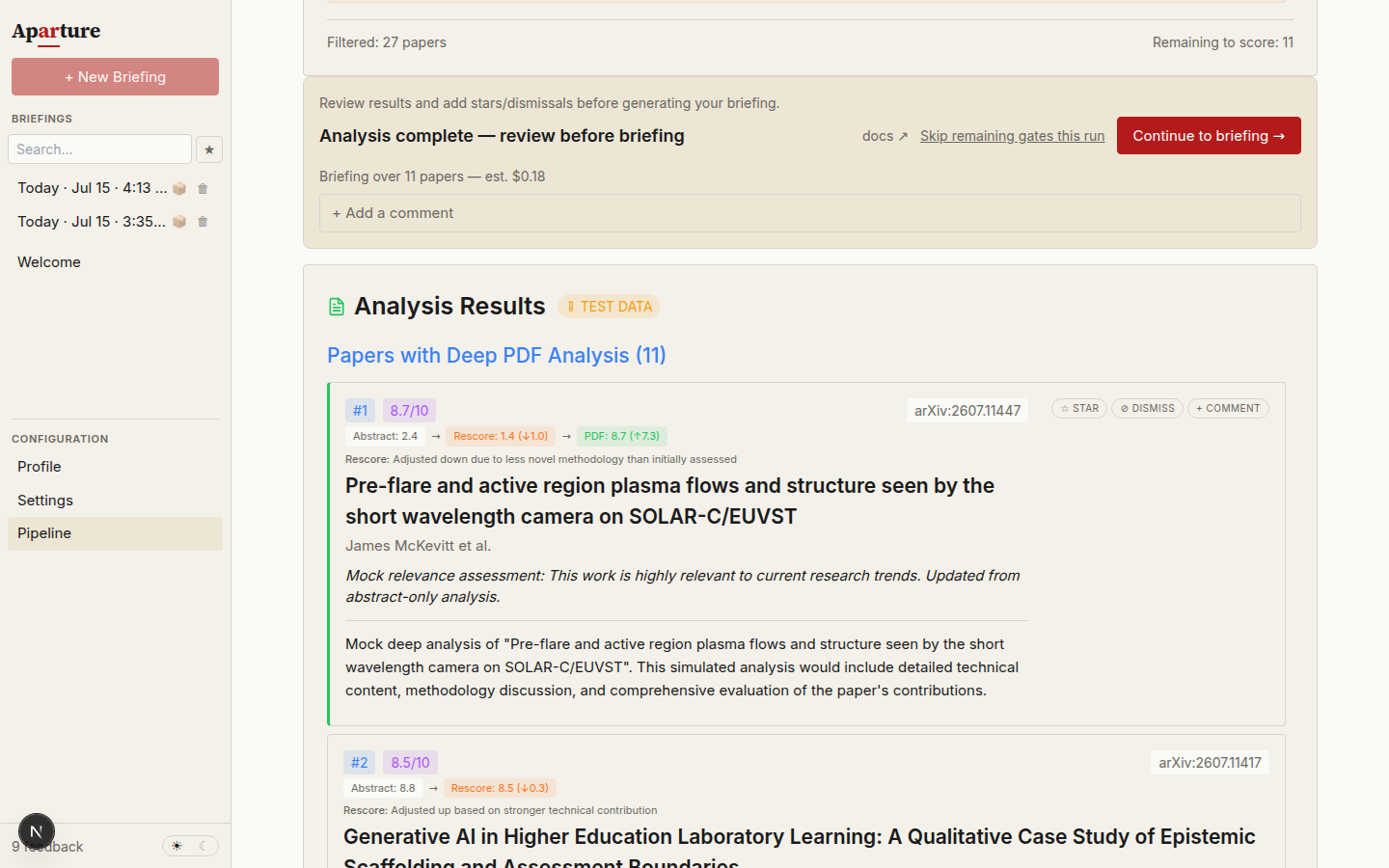 Gate 3: the pre-briefing banner with a Continue to briefing button and briefing cost estimate, above the Analysis Results list of PDF-analysed papers