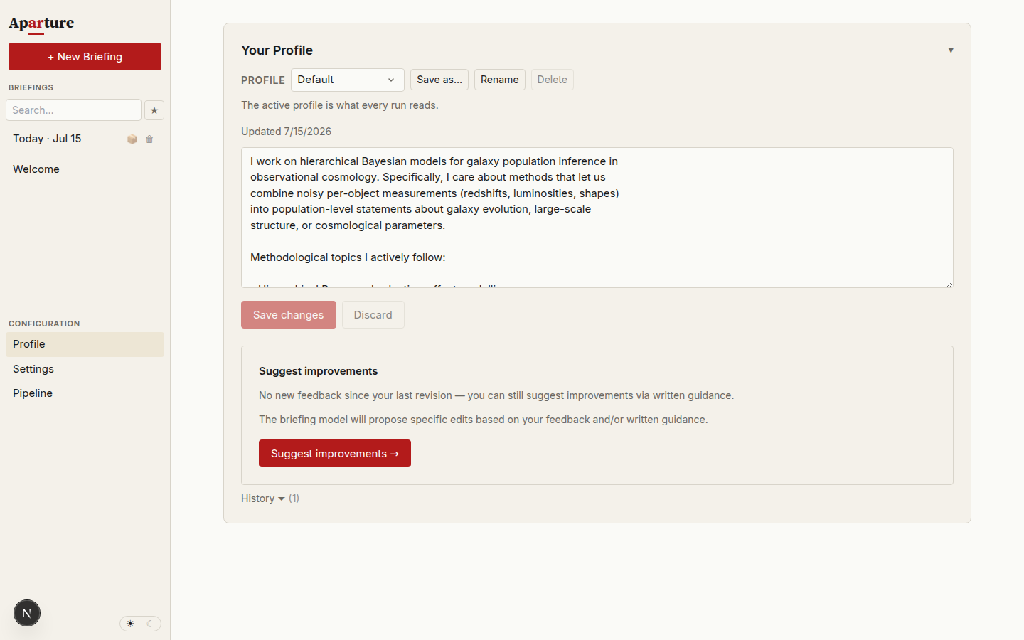 The Profile page with the named-profile switcher at the top: a PROFILE dropdown showing "Default" next to Save as…, Rename, and Delete buttons, above the profile text box and the Suggest improvements card