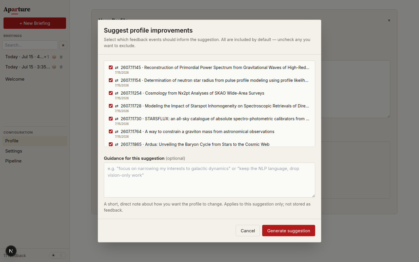 The suggest dialog with accumulated feedback selected