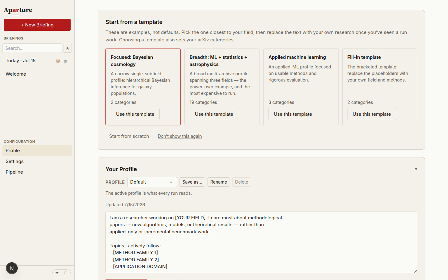 The Profile view on a fresh install, with the four-card starter template picker at the top and the fill-in profile template in the text box below