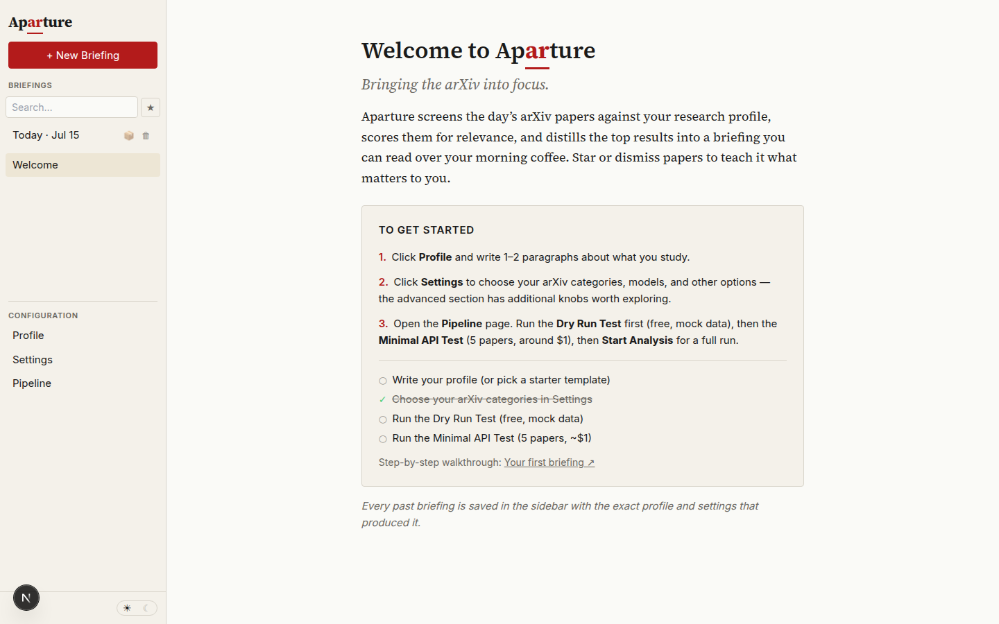 The welcome view after first login: a "Welcome to Aparture" heading, a short description, and a "To get started" card with numbered setup steps and a first-run checklist